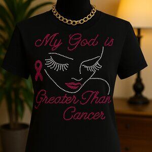 My God is Greater Than Cancer Rhinestone T-Shirt | Breast Cancer Awareness Faith